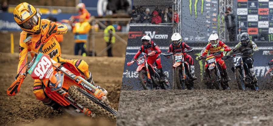 Plews-shod rider cornering during a British championship motocross round